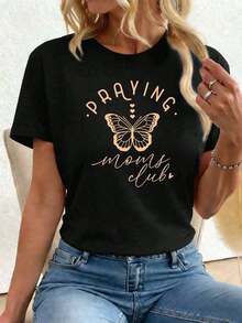 100% Cotton T-Shirt "Praying Moms Club Butterfly" 100% Cotton, Round Neck, Loose Fit, Comfortable, Artistic Print, G 100% Cotton Women's Simple Solid Color T-Shirt, Loose And Slim Fit Casual Short Sleeve - 黑色 - 查看 6