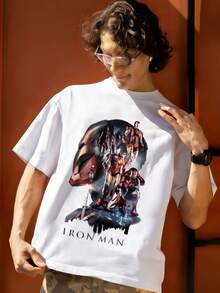 Iron Man Helmet Design Print Graphic T Shirt 100 Percent Cotton Loose T Shirt MARVEL Marvel Universe Superhero Summer Holiday Outfits Mens Clothing Mens Tops Streetwear Mens Gift Ideas Innerwear Or Outfits,Mens Fashion - White - View 5