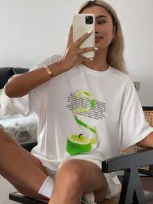 Women's Casual Loose Fit T-Shirt With Lemon Print, Breathable And Comfortable, Short Sleeve, Round Neck, Green Lemon Print And Text, Soft Cotton, Perfect For Everyday Wear And Minimalist Urban Style - 白色 - 查看 7