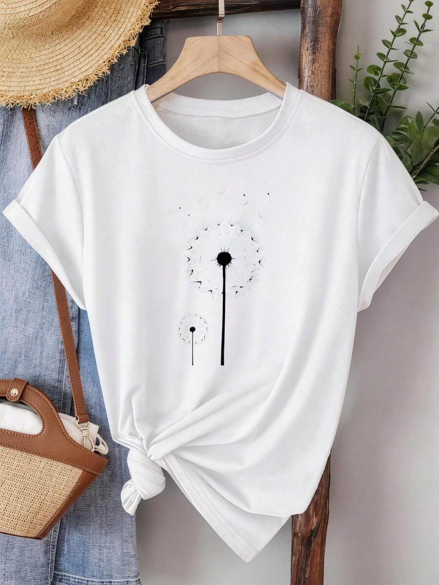 Vintage, Retro, Y2K - camiseta de algodón puro para mujer, top de verano, camiseta casual de manga corta, estampado de diente de león, diseño simple y natural, adecuada para uso diario casual, tela transpirable y ligera, lavable a máquina, top casual para mujer, top básico para mujer - Maternidad, Verano, Invierno. - Blanco - Ver 1