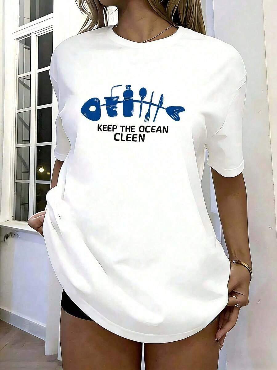 Soft White Women's T-Shirt With Fish And Ocean Print, Casual Oversized Short Sleeve Crew Neck Top, Comfortable Loose Blouse In A Nautical Style For Summer, Beach And Casual Outfits - 白色的 - 查看 1