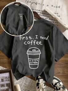 Women's T-Shirt With Graphic Print "First. I Need Coffee." Round Neck And Short Sleeves, Relaxed And Casual Fit, Versatile, Suitable For Everyday Wear And Summer Holidays - 深灰色 - 查看 2