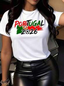 Camiseta de manga corta con cuello redondo y estampado para mujer Diseño de la Bandera de Fútbol de Portugal 2026 S-3XL moda, cómodo y transpirable unio lavable a máquina - Blanco - Ver 2