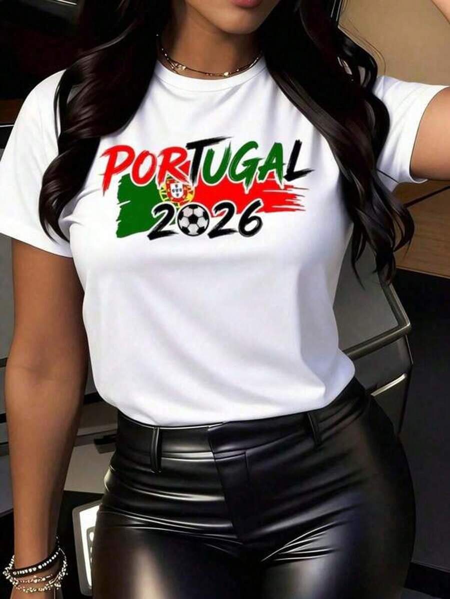 Camiseta de manga corta con cuello redondo y estampado para mujer Diseño de la Bandera de Fútbol de Portugal 2026 S-3XL moda, cómodo y transpirable unio lavable a máquina