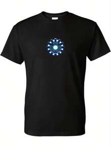 2026Camiseta de manga corta casual para adultos, impresión digital esférica de energía - Negro con impresión azul y blanca, cuello redondo, ropa de verano lavable en máquina, ropa diaria2026 - Negro - Ver 1