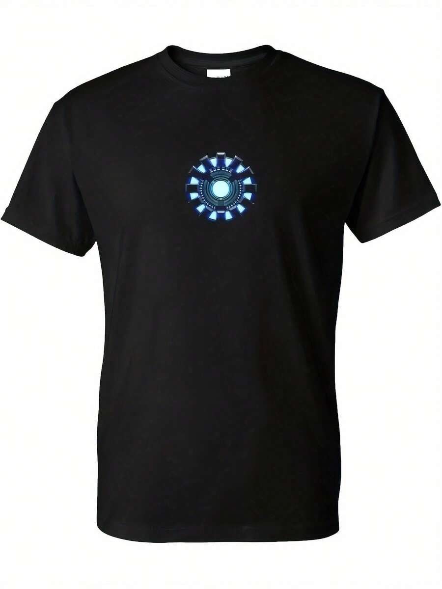 2026Camiseta de manga corta casual para adultos, impresión digital esférica de energía - Negro con impresión azul y blanca, cuello redondo, ropa de verano lavable en máquina, ropa diaria2026 - Negro - Ver 1