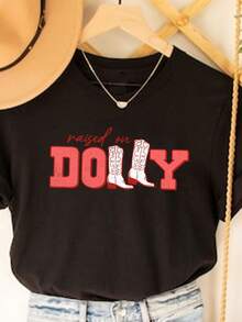 Women's Western Style Cowboy Boots Graphic T-Shirt, Casual Polyester, With "Raised On Dolly" Slogan, Crew Neck, Knit Fabric, Regular Length - Fashionable Top For All Seasons. - 黑色 - 查看 8