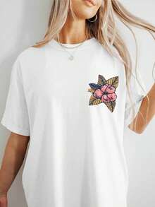 1 Piece [Double-Sided Print] Vintage-Style Off-The-Shoulder Short-Sleeve T-Shirt With Wave, Flower, And Letter Print, Salty [Lang] 100% Cotton - 白色 - 查看 3