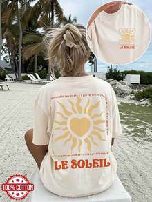 1 Piece [Double-Sided Print] Women's Spring/Summer T-Shirt, Casual Beach Style, Bohemian Style, Sun Heart LE SOLEIL Print, Round Neck, Short Sleeve, 100% Cotton, Loose Fit With Drop Shoulders [Chu K] 100% Cotton - 杏色 - 查看 7
