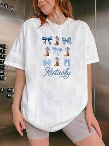 Women's Inspirational T-Shirt With Kentucky Blue Ribbon Print, Regular Crew Neck, Light White Color, Casual Spring And Summer Style, Vacation Fantasy Design And Iconic Quotes - Machine Washable - High Quality - 白色 - View 1