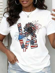 Women's Fashion T-Shirt With American Flag And Fireworks Print, Patriotic, For Independence Day Celebration, Casual Summer Top, Women's T-Shirts - 白色 - 查看 2