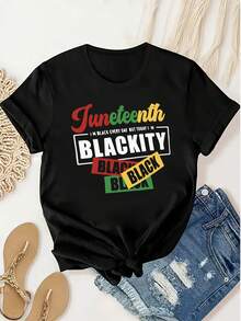 1 pieza de camiseta de mujer para la celebración de Juneteenth, 100% fibra de poliéster, cuello redondo, manga corta, patrón geométrico, corte casual regular, top de tela de punto para todas las estaciones, 180 gramos - estampado negro. - Negro - Ver 6