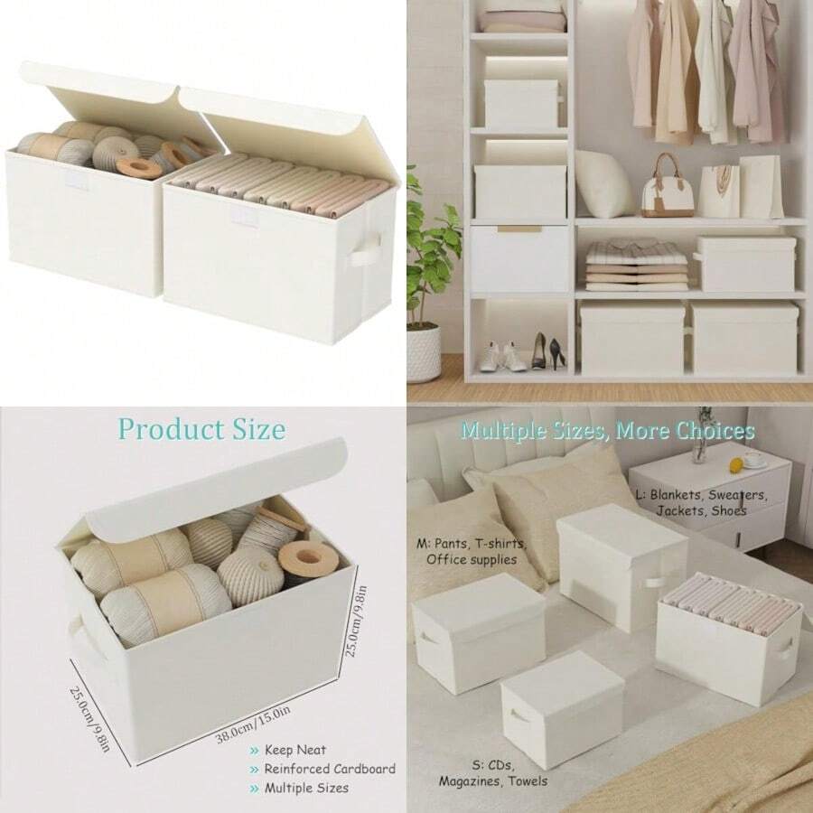 Contenedores de almacenamiento con tapas para organizar cajas de clóset con 2 asas de transporte y cartón pesado resistente cubos organizadores del hogar paquete de 2 15 x 9.8 x 9.8 - Beige - Ver 1