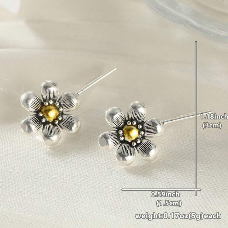 复古双色雏菊水滴耳环，银色花朵设计耳环，百搭日常佩戴，女士礼物 - 銀色 - 查看 3