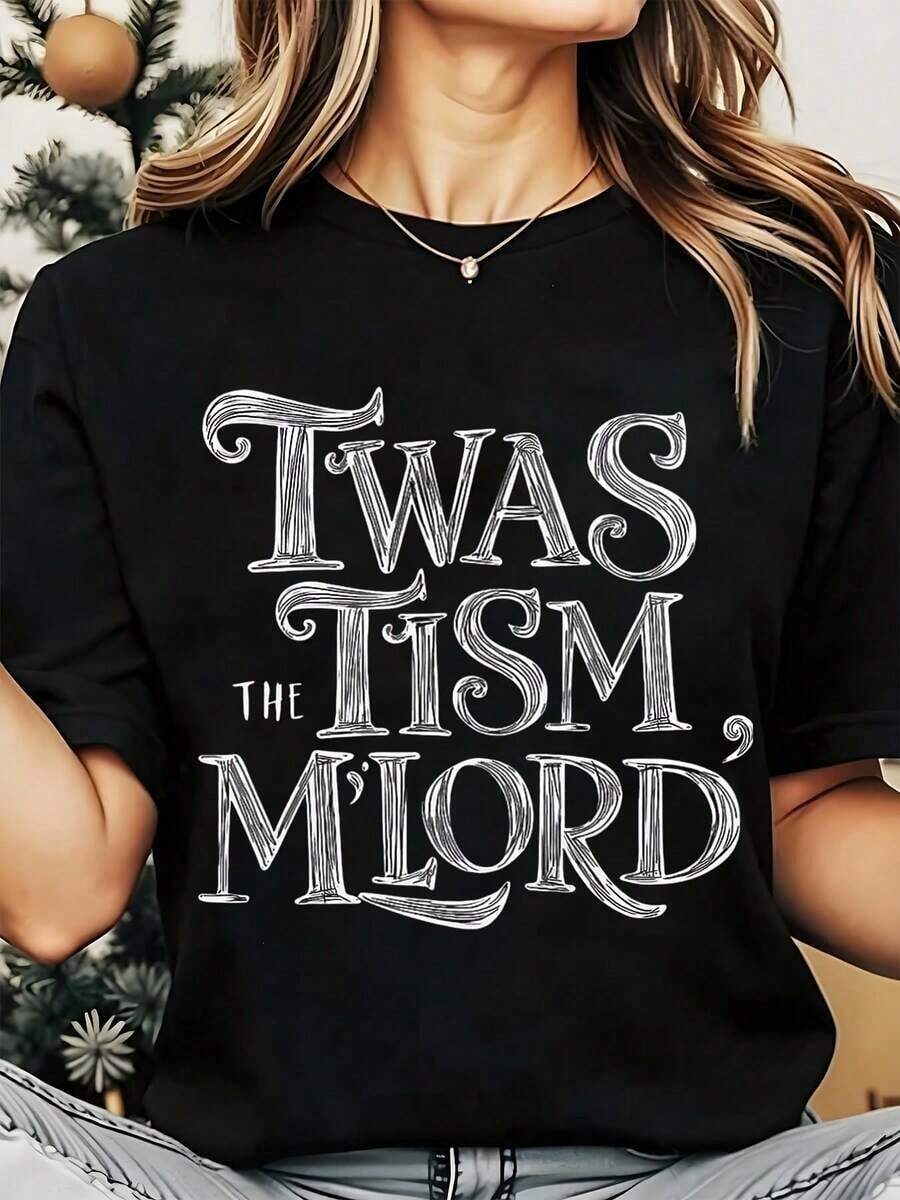 Camiseta de Cuello Redondo para Mujer con Diseño Impreso "Twas The Tism M Lord" para la Temporada Navideña, 220g, Playera Holgada para Mujer - Negro - Ver 1