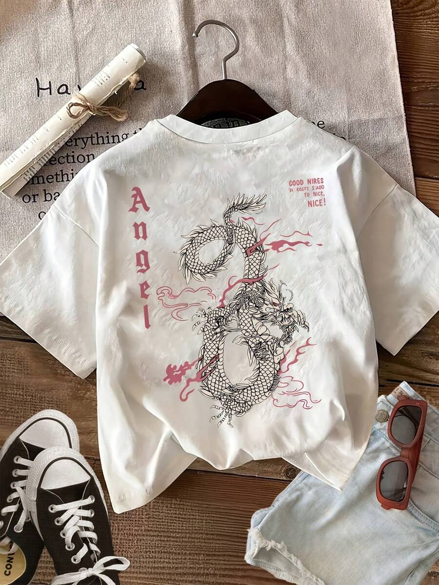 Camiseta Estampada para Mujer con Diseño de Dragón Negro y Rojo - Camiseta Casual de Manga Corta y Cuello Redondo en Blanco. Con un Corte Relajado para Todas las Estaciones, Perfecta para Uso Diario y Atuendos de Vacaciones (Lavable aáquina). - Blanco - Ver 1
