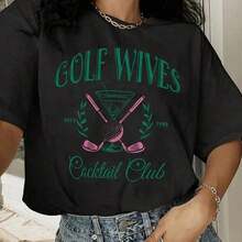 1 Piece Women's Casual Short Sleeve T-Shirt, Golf, Cocktail, Club Style, With Graphic Print, Round Neck, 180g 100% Cotton - 黑色 4 - 查看 6