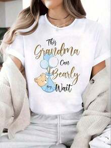 1 Piece Of Summer T-Shirt, 1 Piece Of "Pink Or Blue Grandma" Graphic T-Shirt For Gender Reveal, 100% Cotton, Touching And Festive Design, Color Block Lettering And Paw Print Detail With Heart Accent, T-Shirt For Gender Reveal Party And Family Gatherings For All Seasons. Loose And Comfortable Summer Clothing, Stylish Short-Sleeve Blouse For Women, Loose, Comfortable, Breathable, For Everyday Wear, 180g 100% Cotton. - 白色 3 - 查看 1