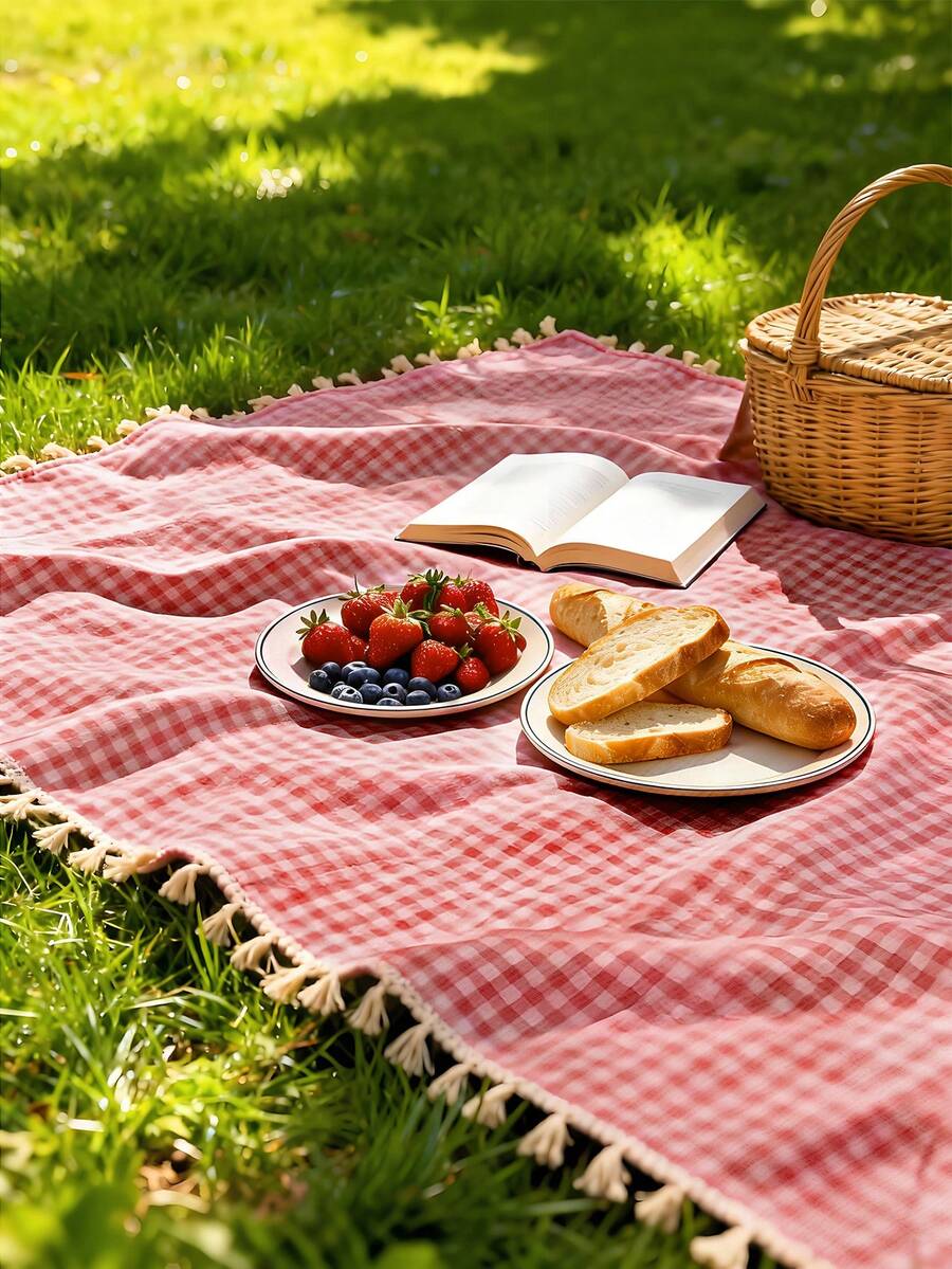 1 pieza Encantadora manta rectangular de cuadros rojos y blancos para picnic - Ideal para el Día de San Valentín, celebraciones de Pascua, mantel de rayón tejido con flecos, perfecto para acampar en invierno, salidas a la playa, telón de fondo para fotografía y accesorio para picnic