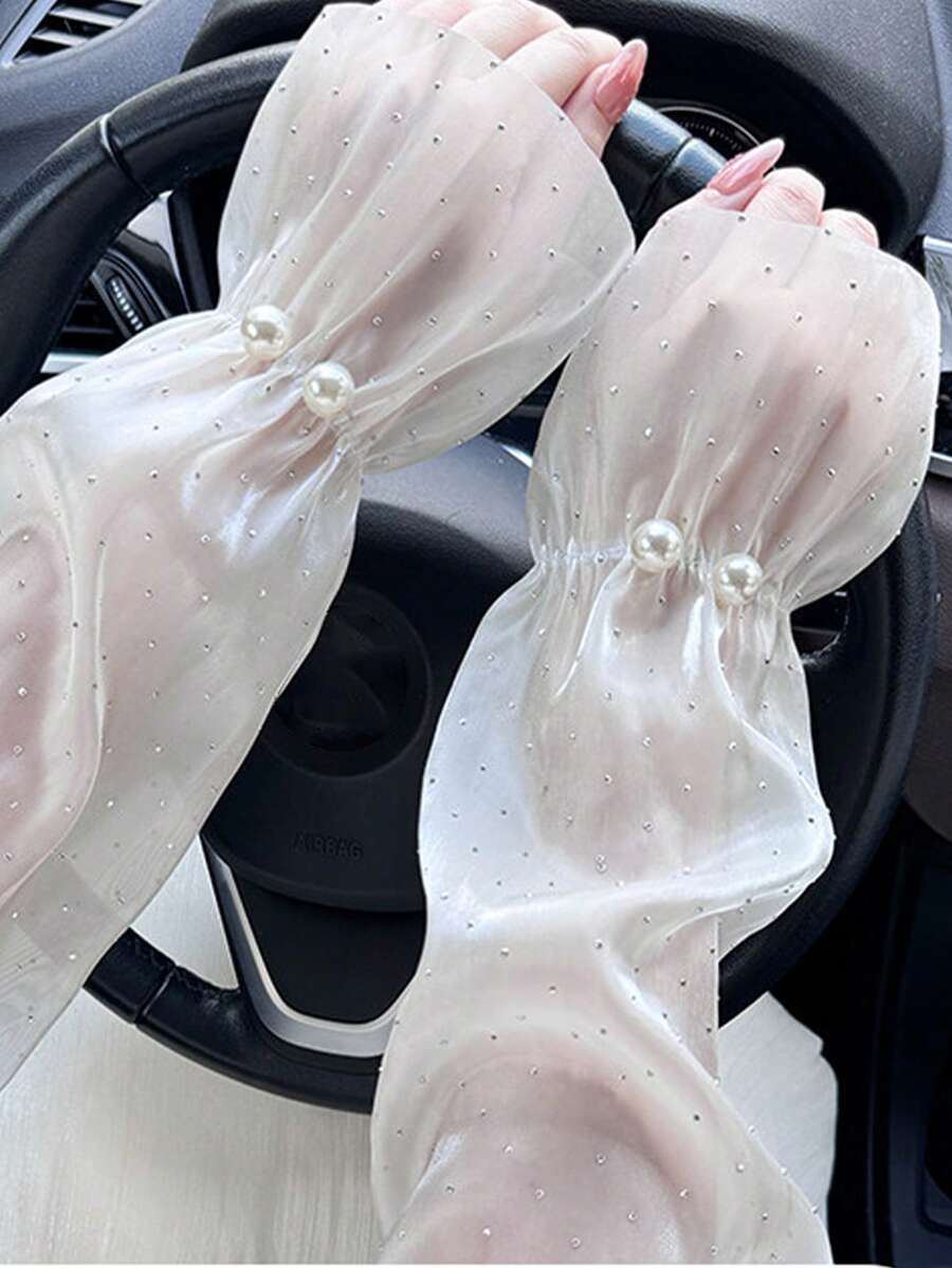 1 Pair New Lace Pearl Polka Dot Sleeve Cuffs, Fashionable Elegant Self-Contained Gloves For Outdoor Driving, Vacation, Travel, Breathable Thin Arm Sleeves - Multicolor - View 1