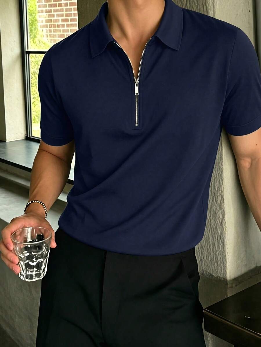 Men's Solid Color Half-Placket Casual Versatile Commuting Short Sleeve Polo Shirt