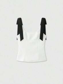 Dravelle Top casual sin mangas con cuello de pico y decoración de lazo, verano - Rosa - Ver 6