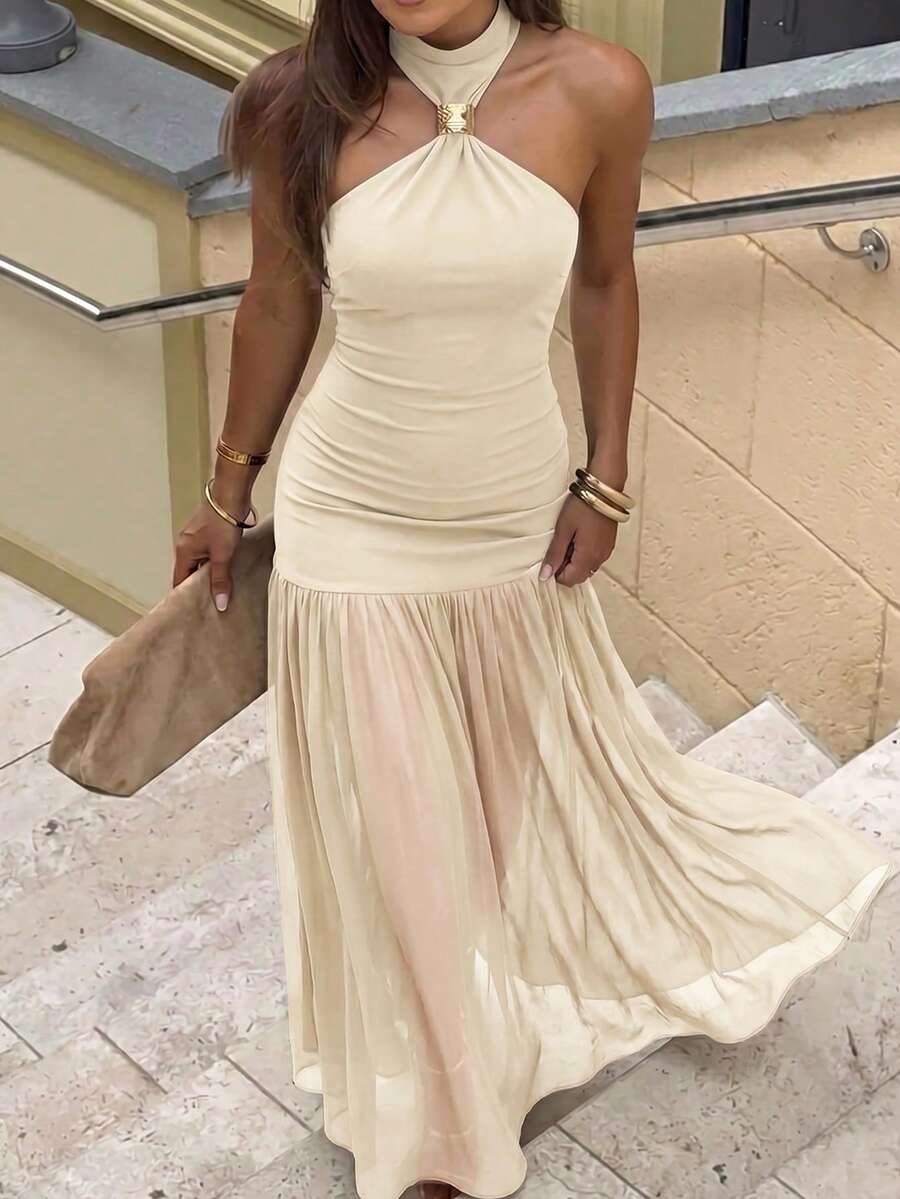 Women's Brown Halter Neck Long Dress, Metal Buckle Pleated Waist Ruffle Hem Party Dress - Apricot - View 1
