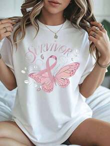 Comfortable Cotton T-Shirt With Butterfly Print And Pink Ribbon For Breast Cancer Awareness, Gift For Breast Cancer Survivors And Supporters. Short-Sleeve Crew Neck Printed T-Shirt For Women. | Soft And Stretchy, Casual And Gym Wear, Essential For Sports Day And Valentine's Day. Women's Blouses > Women's Casual Blouse Clothing - 白色 - 查看 1
