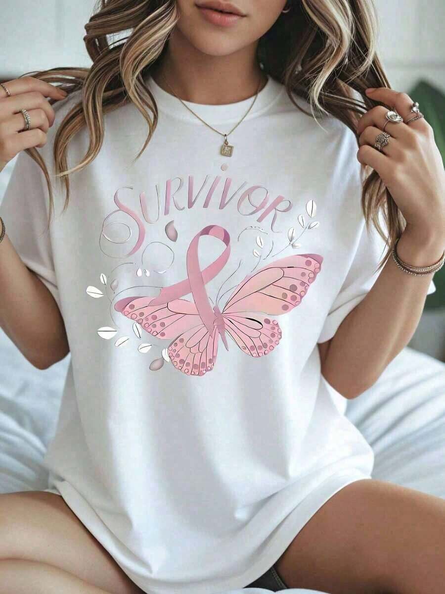 Comfortable Cotton T-Shirt With Butterfly Print And Pink Ribbon For Breast Cancer Awareness, Gift For Breast Cancer Survivors And Supporters. Short-Sleeve Crew Neck Printed T-Shirt For Women. | Soft And Stretchy, Casual And Gym Wear, Essential For Sports Day And Valentine's Day. Women's Blouses > Women's Casual Blouse Clothing - 白色 - 查看 1