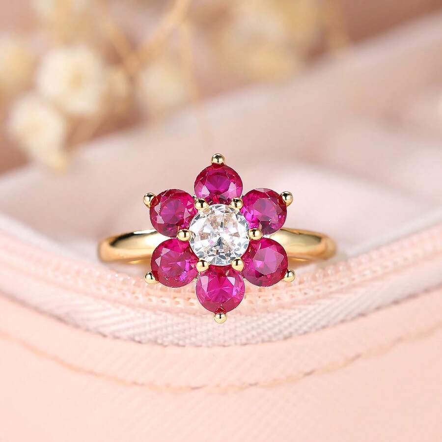 Vanel 1piece Chic Golden Statement Ring, Floral Design With Pink Petals And Clear Center, Fashion Jewelry For Women For Daily Wear - Golden Yellow-rose Red - View 1