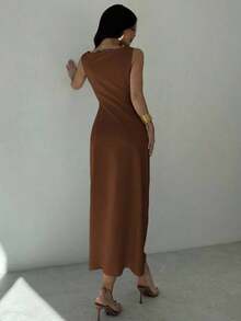 Women's White Asymmetrical Neckline Dress With Ruffles At The Waist, Elegant And Sexy Dress For Work, Vacation, Fashionable And Modern, For Spring/Summer, For Work, Elegant, Sexy, Vacation, Beach, Hawaii, Wedding Season, Graduation Ceremony, Prom - 棕色 - 查看 2
