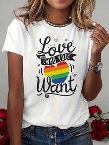 Women's T-Shirt With Handwritten "Love Who You Want" Print, Equality Themed Short Sleeve T-Shirt For Women, Versatile Casual Crew Neck T-Shirt For Women - 白色 - 查看 7