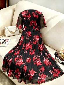 Robe ample pour femmes à col V en maille respirante avec volants, motif floral élégant. Convient pour les voyages, les sorties et le port quotidien en été. Couleur: Noir - Noir - Voir 3