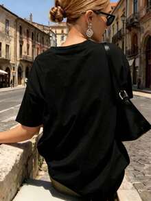 Camiseta Casual de Manga Corta para Mujer con Cuello Redondo, Estampado de Corazón y Leopardo, Bajo Regular, Tela de Poliéster - Negro - Ver 3