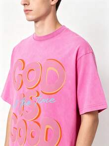 230G Washed Pure Cotton T - Shirt, Men'S Casual Fashion, With 'GOD IS GOOD All The Time' Words Print, Outdoor Sports T - Shirt |   Loose Fit |   Soft Knitted T - Shirt | Loose Fit | Vacation Casual - Màu Hồng Tươi - Xem 2