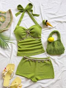 Conjunto de 2 piezas de top halter sin espalda y shorts, conjunto de ropa para vacaciones - Verde - Ver 1