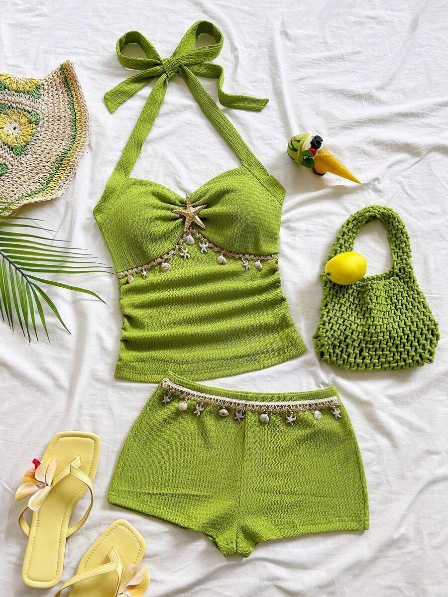 Conjunto de 2 piezas de top halter sin espalda y shorts, conjunto de ropa para vacaciones - Verde - Ver 1