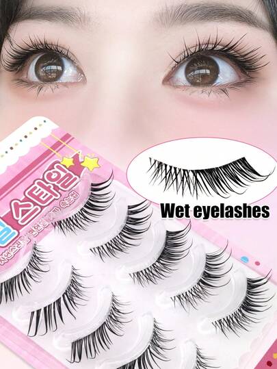 5 Pairs Fox Eye Wet Slanted 3D Natural Transparent With False Lashes Fluffy Soft Criss-Cross Cartoon Style False Eyelashes, Delicate Natural Eyelash Extension Makeup False Lashes