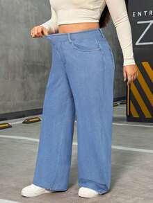 Jeans rectos casuales elásticos de talla grande para mujeres - Lavado ligero 2 - Ver 6