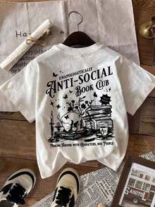 Antisocial Book Club, Skull Literature, Introverted Bookworm, Casual Short Sleeve Crew Neck Printed T-Shirt, Women's Summer Top. Breathable And Comfortable. - 白色 - 查看 3