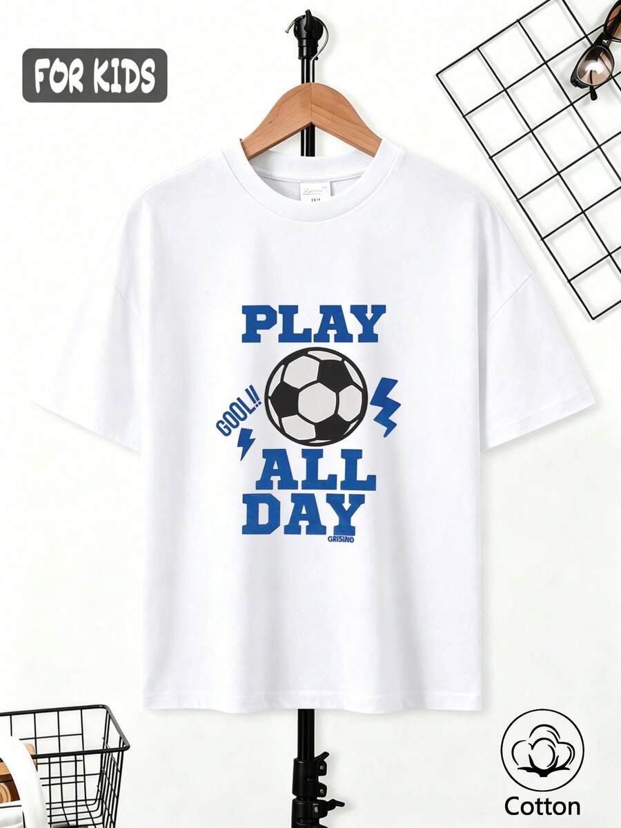 Tween JUNGEN Sommer Edition: Rundhals Weiß Kurzarm T-Shirt für junge Jungs, Preppy Stil bequem und lässig Sportbekleidung, Fußball Design, ideal für den täglichen Gebrauch und Spiel, atmungsaktiv und weicher Stoff, perfekt für Frühling/Sommer, Oversize unisex Passform, vielseitig für alle Anlässe - Weiss - Übersicht 1