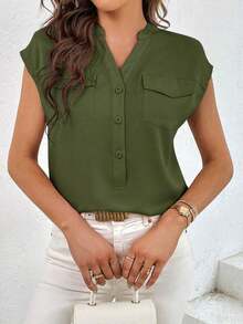 Camisa con bolsillo con solapa de manga murciélago con botón delantero - Verde militar - Ver 4