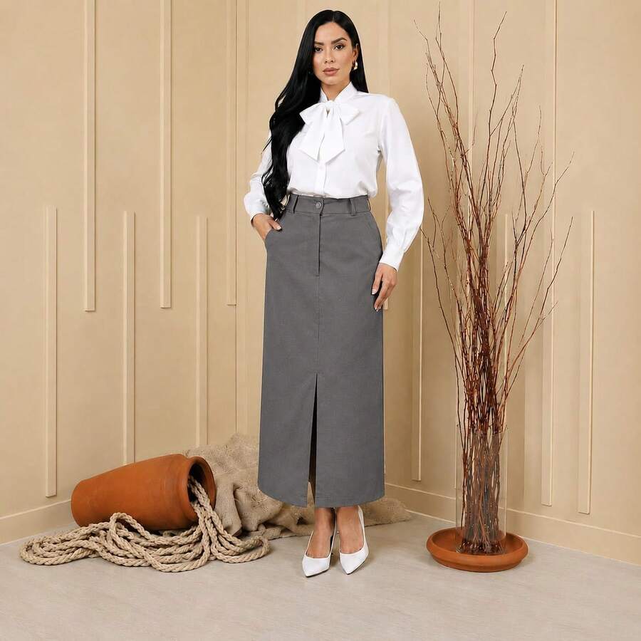 ELEGANT TAILORED LONG SKIRT - Gris - Ver 1