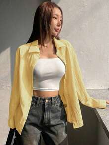 Camisa de mujer de manga larga de unicolor casual, para primavera y otoño, blusas de manga larga estilo Y2K, ropa de mujer de otoño - Amarillo - Ver 5