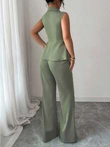 Conjunto de traje elegante y romántico para mujer con blazer sin mangas, cuello y cintura ceñida, talla grande - Verde militar - Ver 2