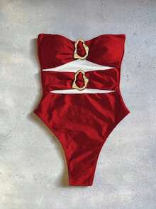 Nuevo traje de baño de una pieza elegante y sexy con diseño calado en negro, de moda para la playa, vacaciones, fiestas y citas - Rojo - Ver 1