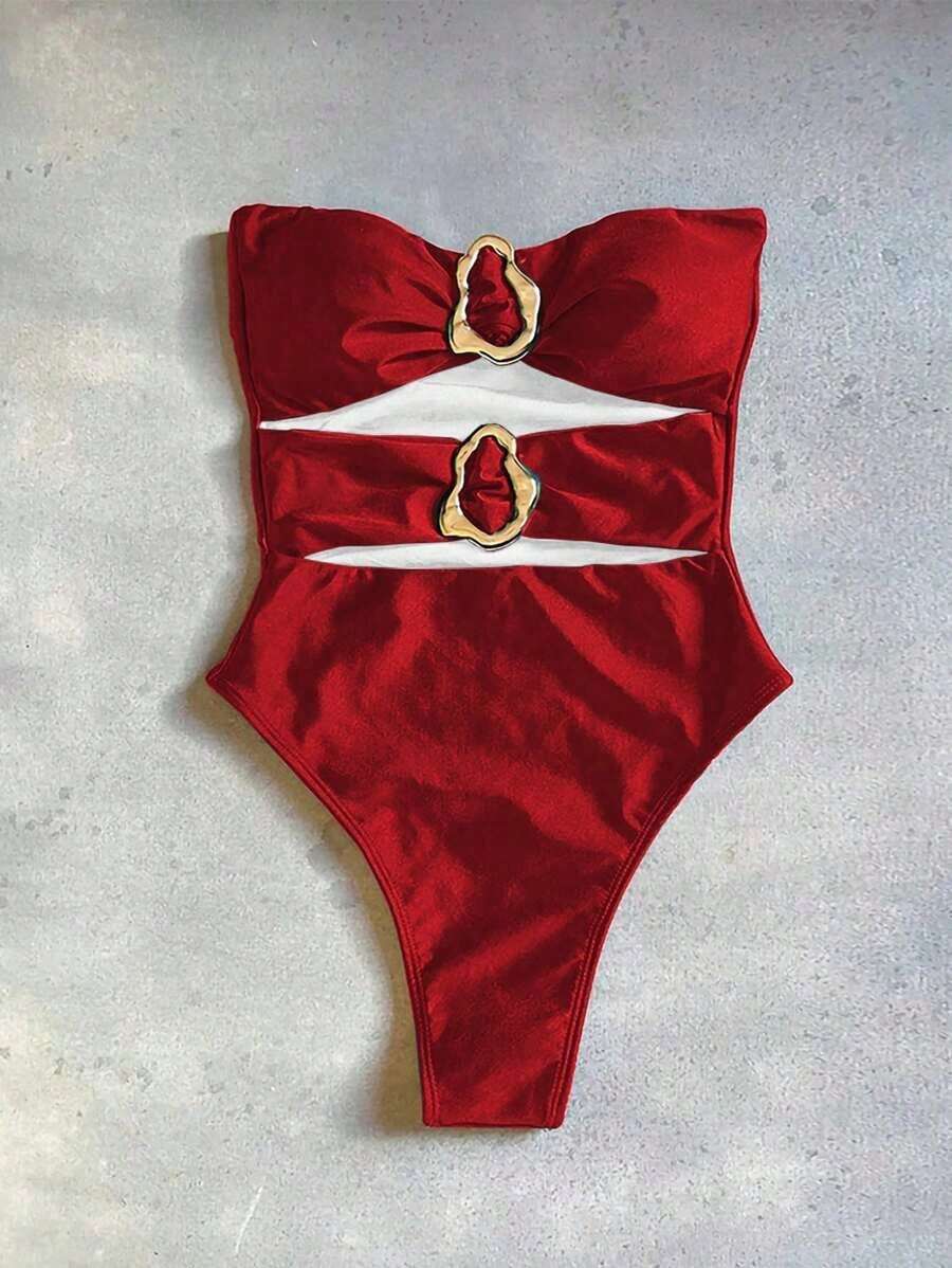 Nuevo traje de baño de una pieza elegante y sexy con diseño calado en negro, de moda para la playa, vacaciones, fiestas y citas - Rojo - Ver 1
