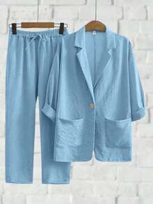 Conjunto de chaqueta y pantalones de unicolor de manga larga para mujer, traje casual - Celeste - Ver 7