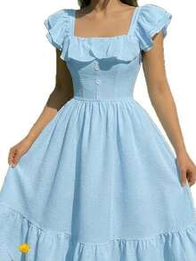 Elegant Long Pink Dress For Women With Square Neck, Ruffled Sleeves And Tiered Hem, Ideal For Summer Outings. - Baby Blue - View 2