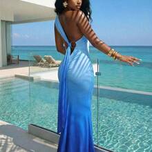 New Spring/Summer Ibiza Bohemian Style Women's Clothing, Suitable For Music Festivals, Western Style, Nomadic Style, Parties, Pool Parties, Sexy Resort Wear, Cruise Travel, Beach, Sunbathing, Vacation, Elegant And Romantic Style. Blue Gradient One-Shoulder Backless Long Women's Slim-Fitting Dress - A ,Summer Dress - Màu xanh lam - Xem 2